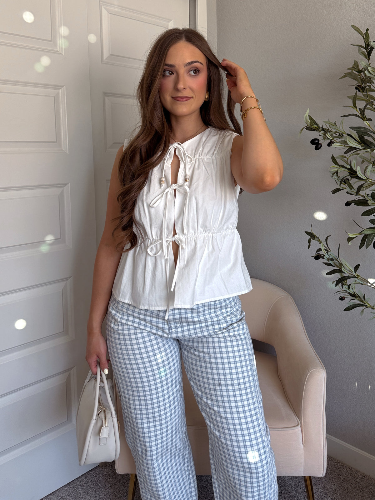 Petra Cotton Tie-Front Cinched Peplum Top (Off White)