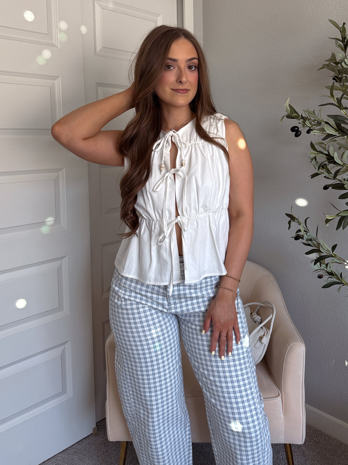 Petra Cotton Tie-Front Cinched Peplum Top (Off White)