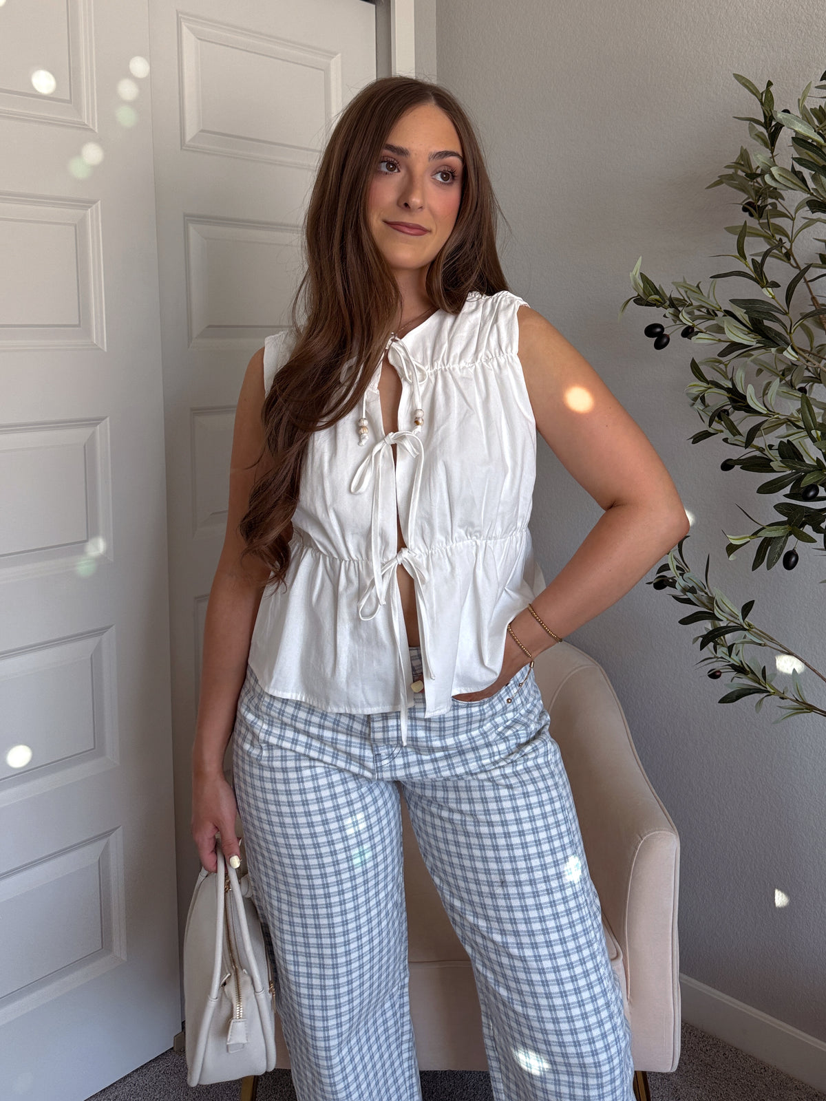 Petra Cotton Tie-Front Cinched Peplum Top (Off White)