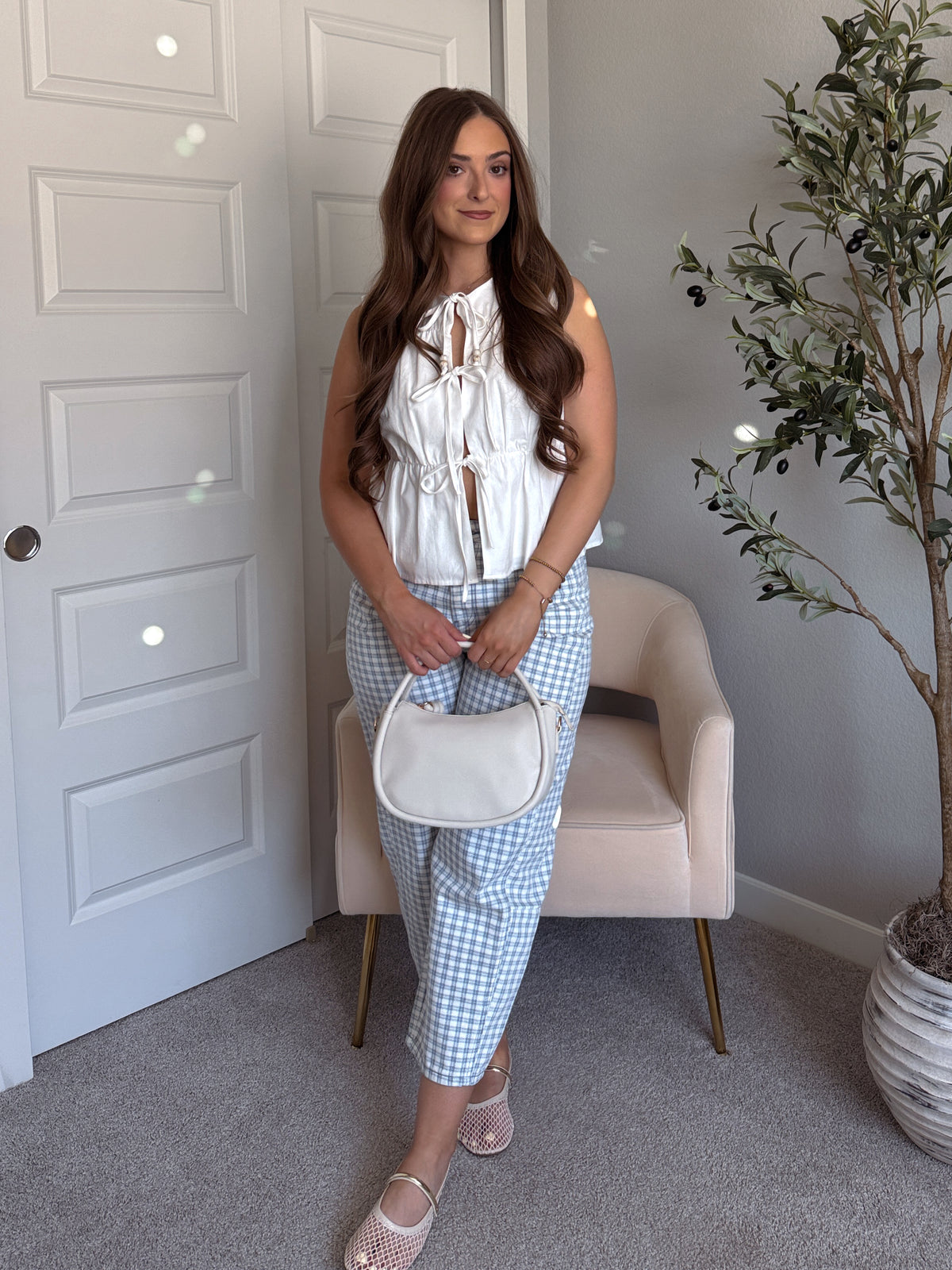 Petra Cotton Tie-Front Cinched Peplum Top (Off White)