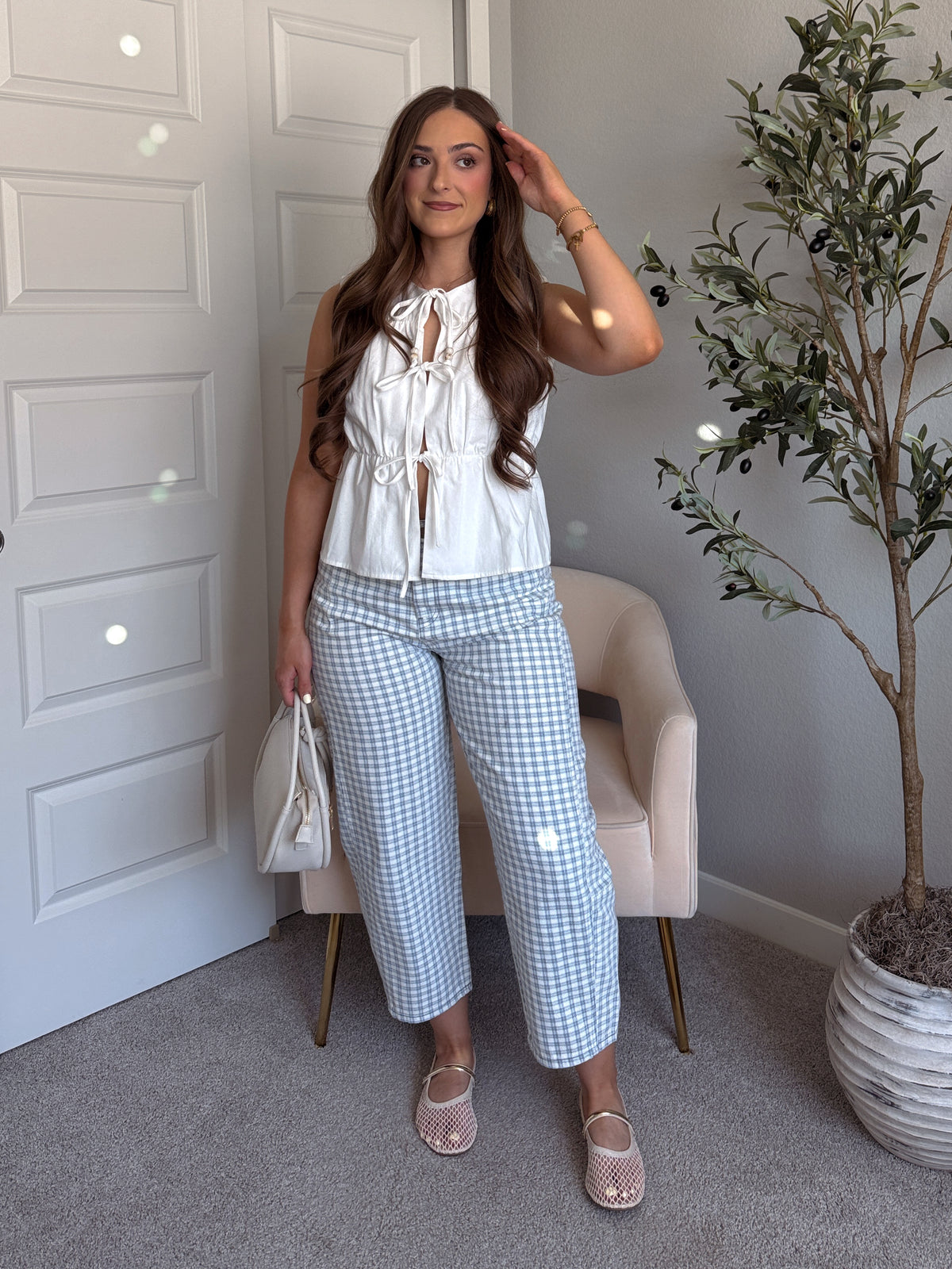 Petra Cotton Tie-Front Cinched Peplum Top (Off White)