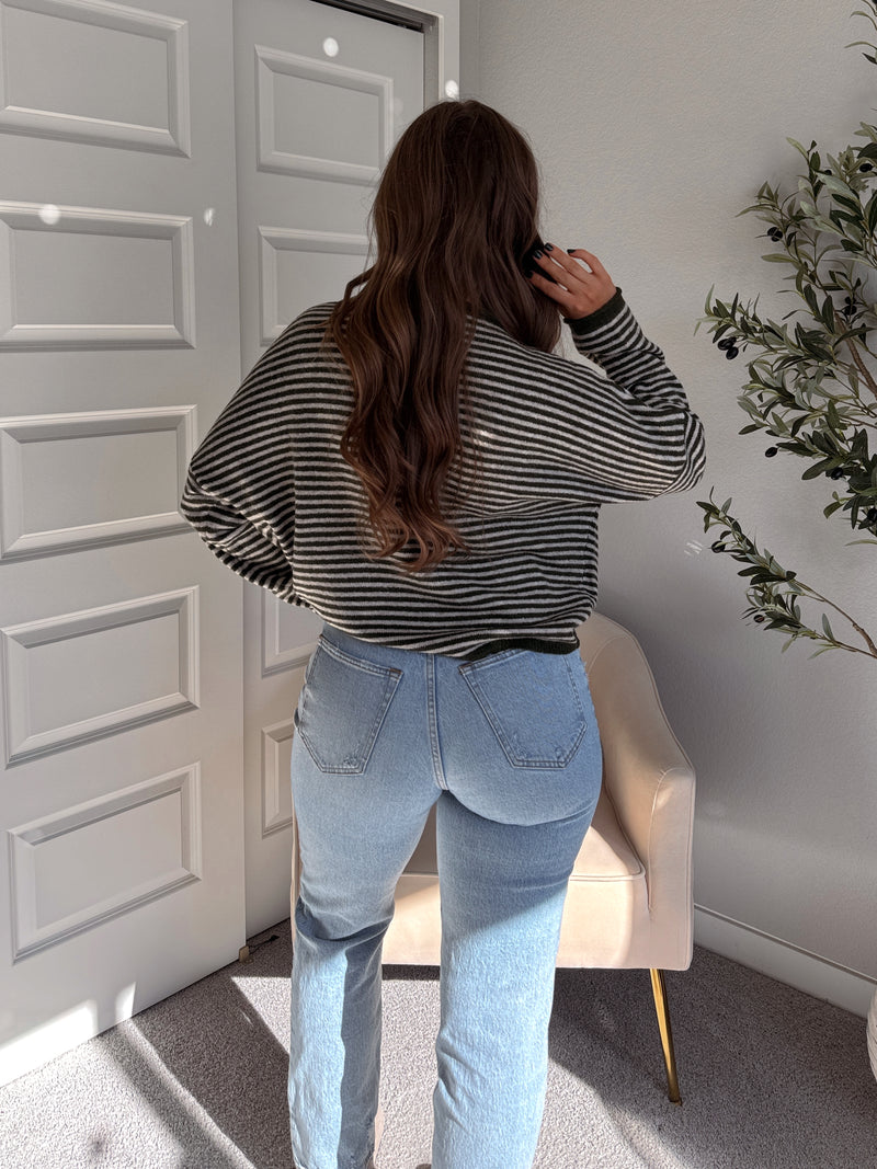 Pinegrove Striped Raw Edge Lightweight Cardigan (Olive)