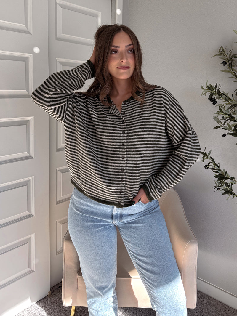 Pinegrove Striped Raw Edge Lightweight Cardigan (Olive)