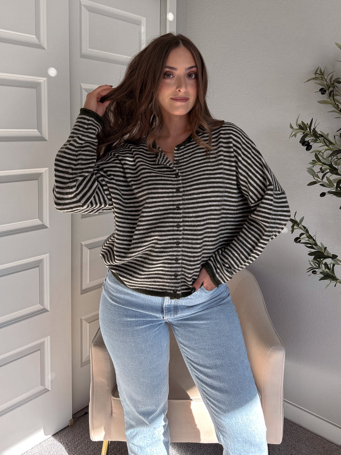 Pinegrove Striped Raw Edge Lightweight Cardigan (Olive)