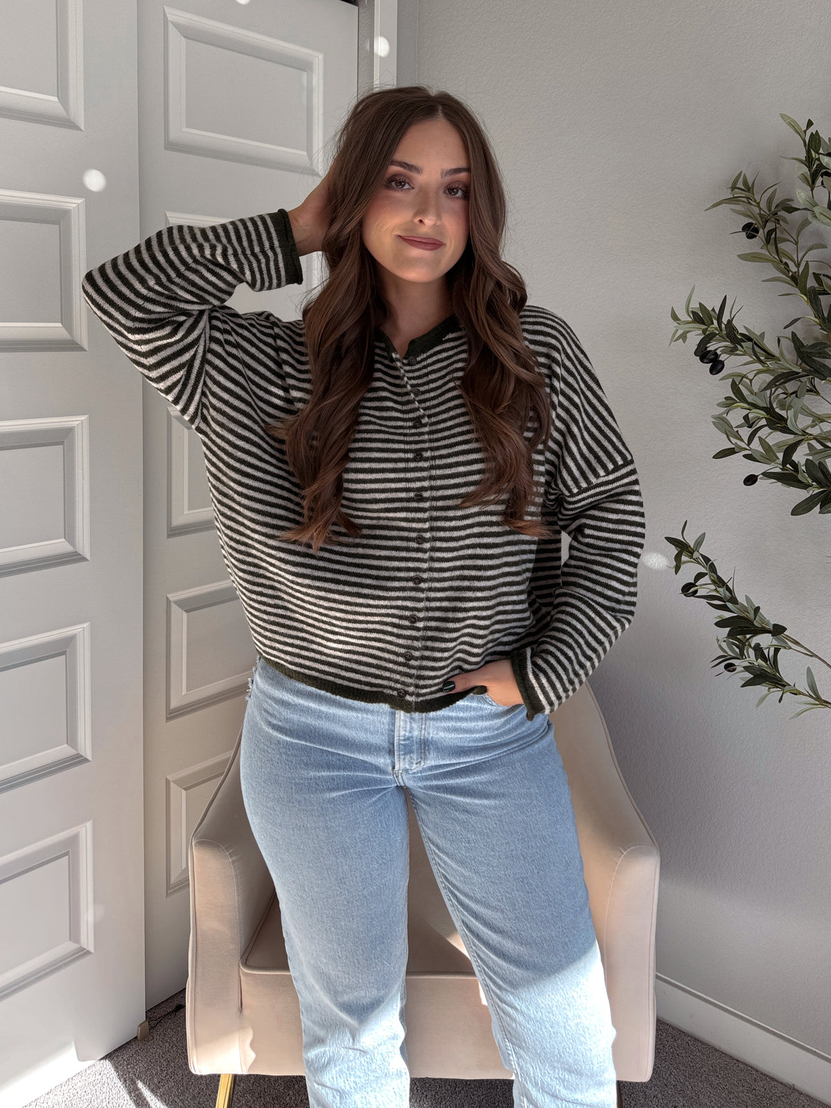 Pinegrove Striped Raw Edge Lightweight Cardigan (Olive)