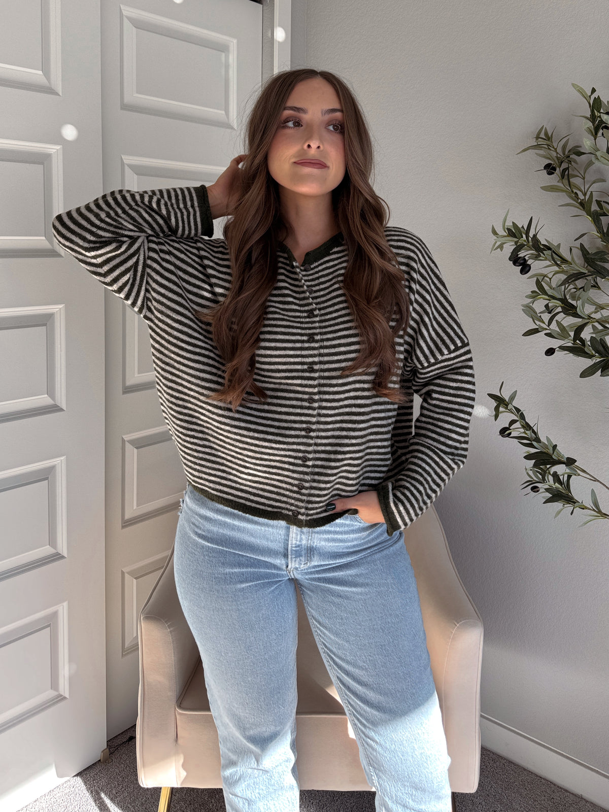 Pinegrove Striped Raw Edge Lightweight Cardigan (Olive)