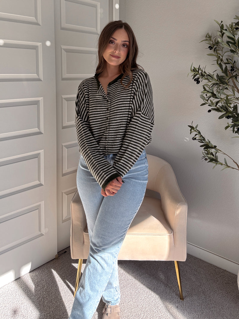 Pinegrove Striped Raw Edge Lightweight Cardigan (Olive)