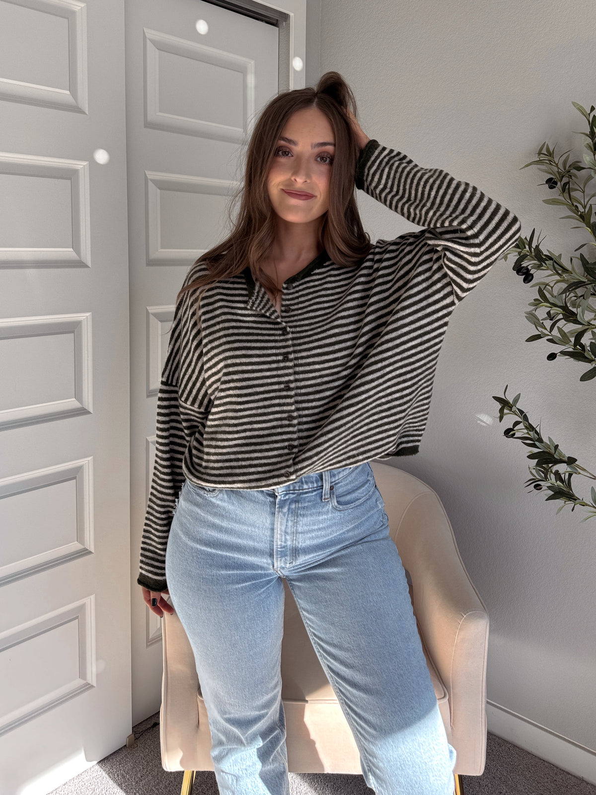 Pinegrove Striped Raw Edge Lightweight Cardigan (Olive)