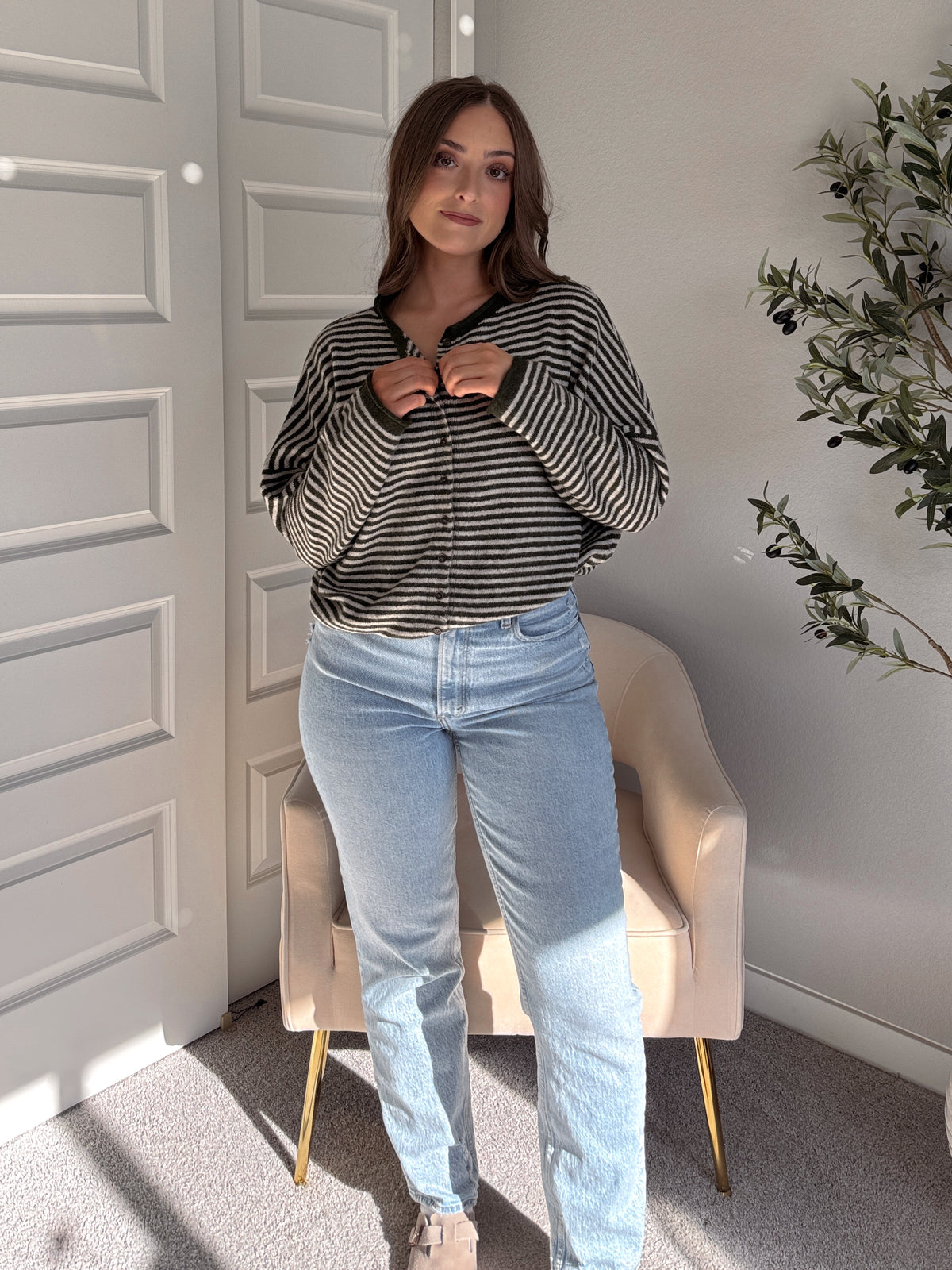 Pinegrove Striped Raw Edge Lightweight Cardigan (Olive)