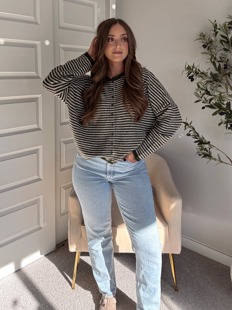 Pinegrove Striped Raw Edge Lightweight Cardigan (Olive)