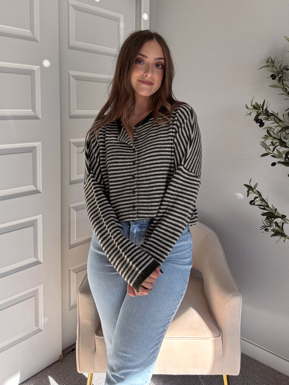 Pinegrove Striped Raw Edge Lightweight Cardigan (Olive)