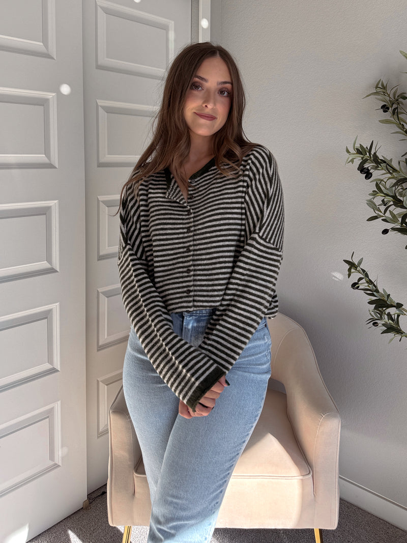 Pinegrove Striped Raw Edge Lightweight Cardigan (Olive)