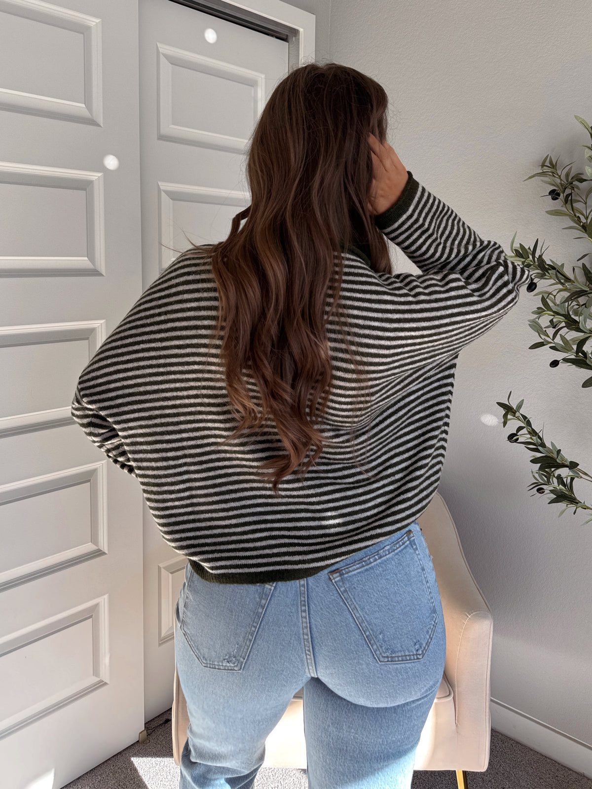 Pinegrove Striped Raw Edge Lightweight Cardigan (Olive)