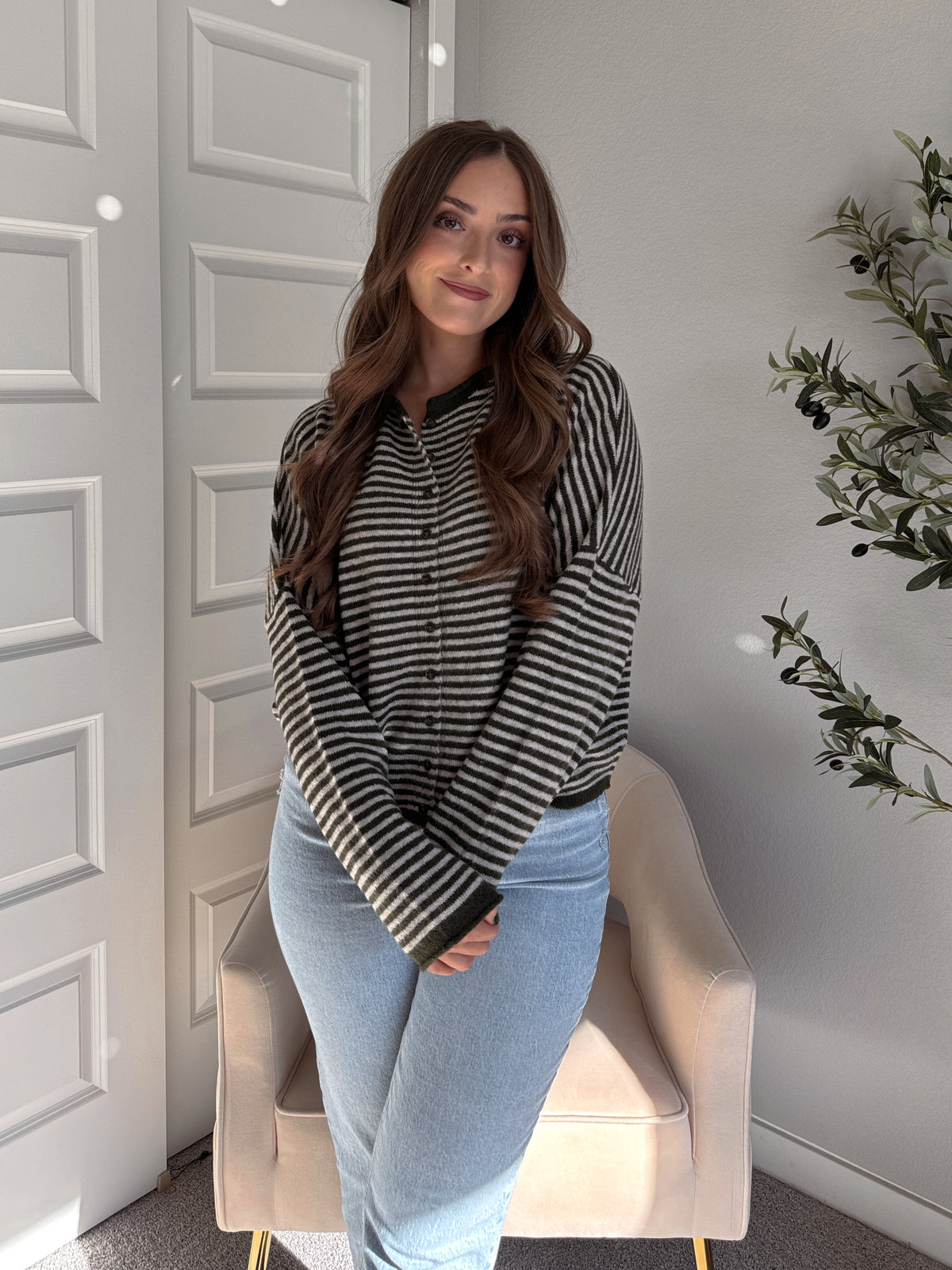 Pinegrove Striped Raw Edge Lightweight Cardigan (Olive)