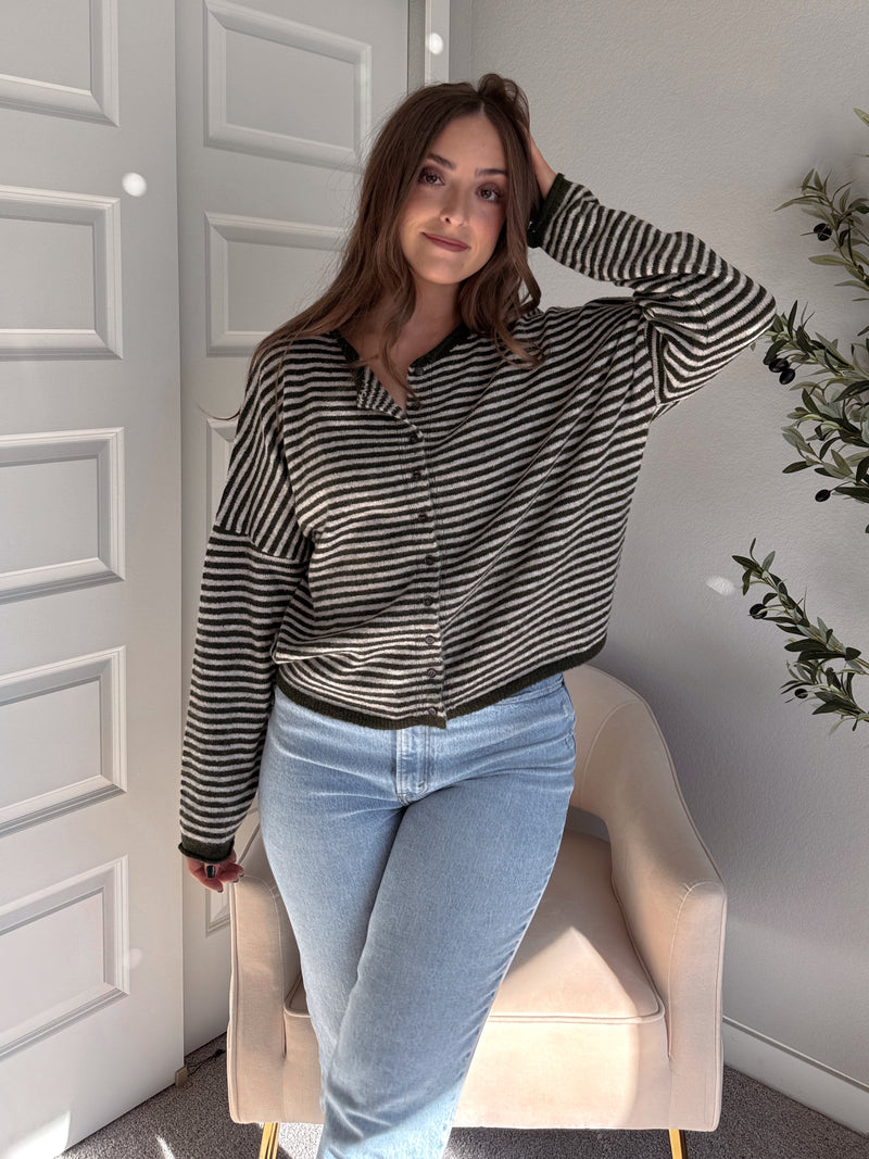 Pinegrove Striped Raw Edge Lightweight Cardigan (Olive)