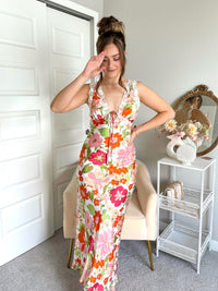 Poppy Floral Sleeveless Satin Maxi Dress (Off White) | La Belle Boutique: Neutral Women's Online Clothing Boutique