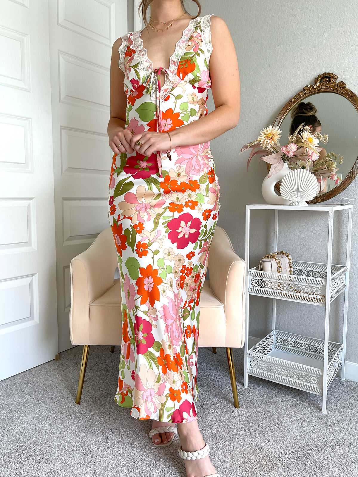 Poppy Floral Sleeveless Satin Maxi Dress (Off White) | La Belle Boutique: Neutral Women's Online Clothing Boutique