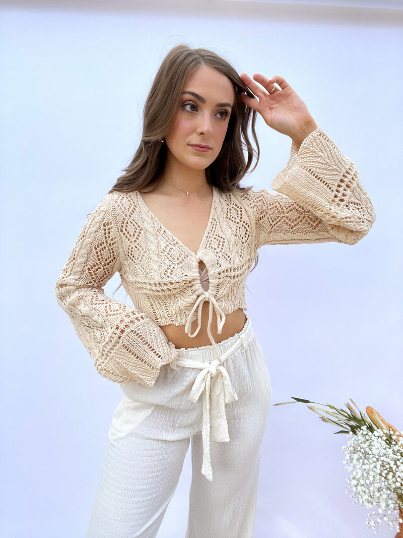 Portofino Long Sleeve Cropped Crochet Top (Natural) | La Belle Boutique: Neutral Women's Online Clothing Boutique