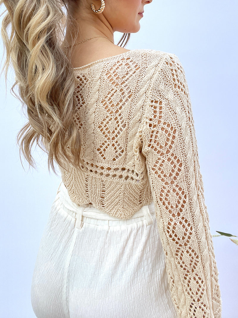 Portofino Long Sleeve Cropped Crochet Top (Natural) | La Belle Boutique: Neutral Women's Online Clothing Boutique