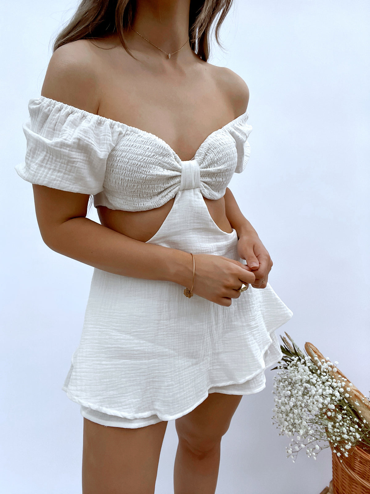 Positano Off the Shoulder Cut Out Romper (White) | La Belle Boutique: Neutral Women's Online Clothing Boutique