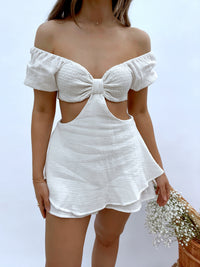 Positano Off the Shoulder Cut Out Romper (White) | La Belle Boutique: Neutral Women's Online Clothing Boutique