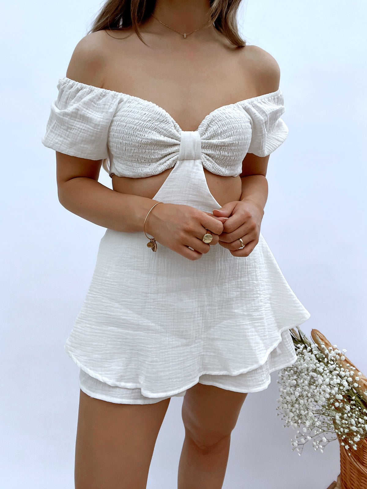 Positano Off the Shoulder Cut Out Romper (White) | La Belle Boutique: Neutral Women's Online Clothing Boutique