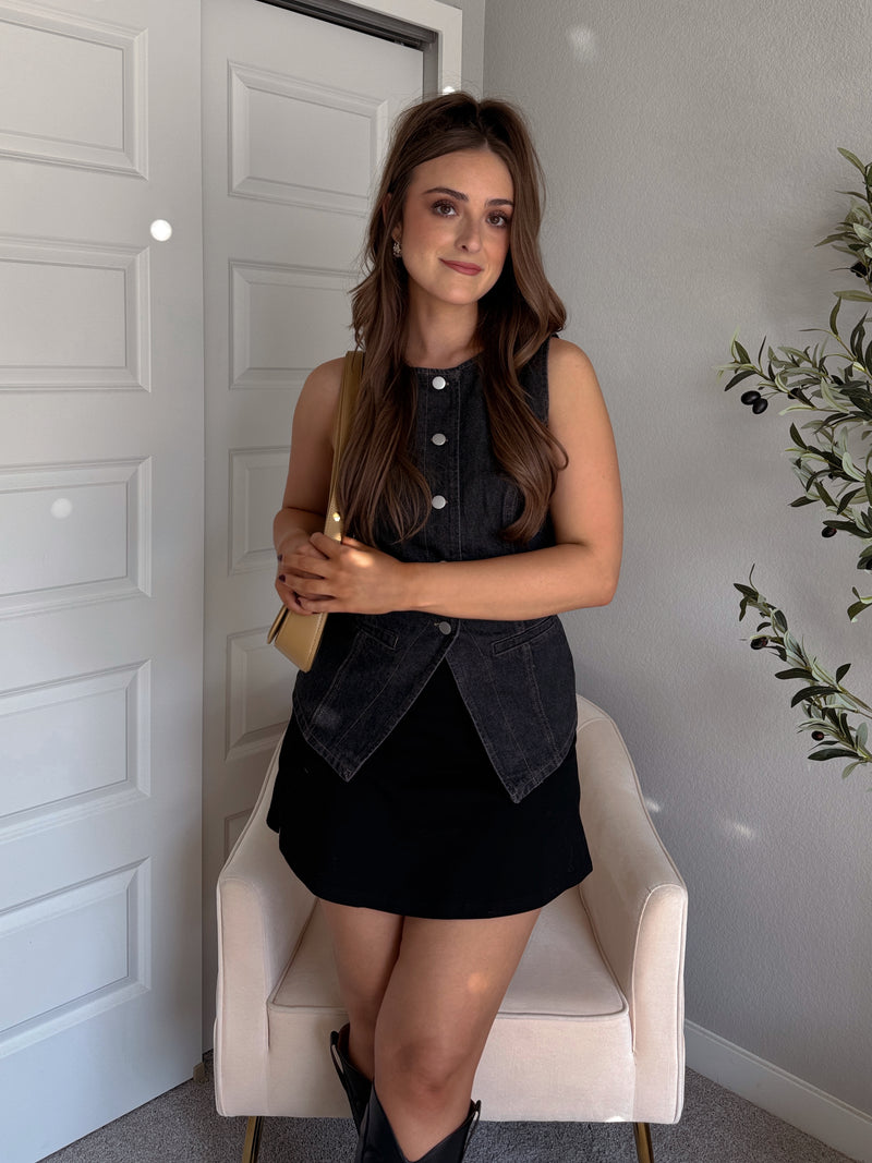 Prescott Split-Hem Button Front Denim Vest (Washed Black)