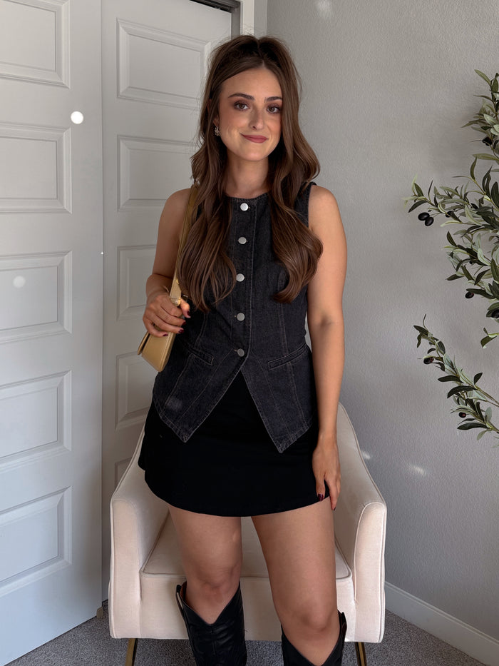 Prescott Split-Hem Button Front Denim Vest (Washed Black)