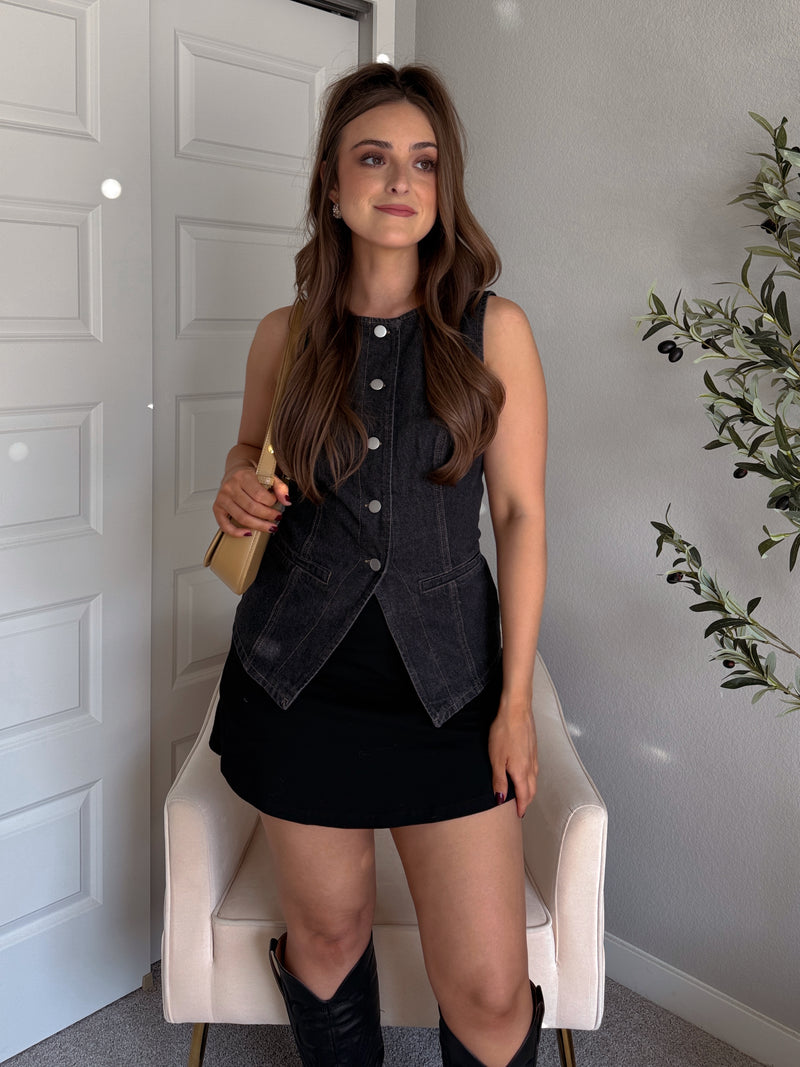Prescott Split-Hem Button Front Denim Vest (Washed Black)