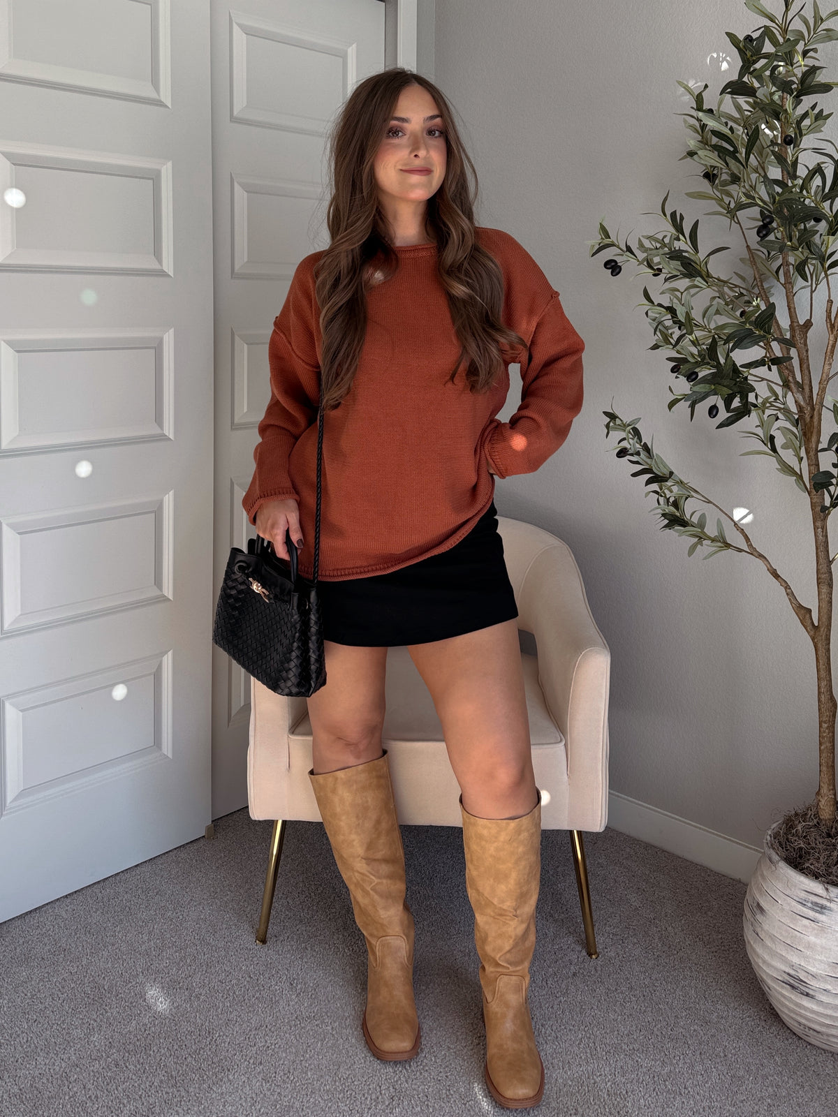 Pumpkin Spice Rolled-Neck Oversized  Sweater (Brick)