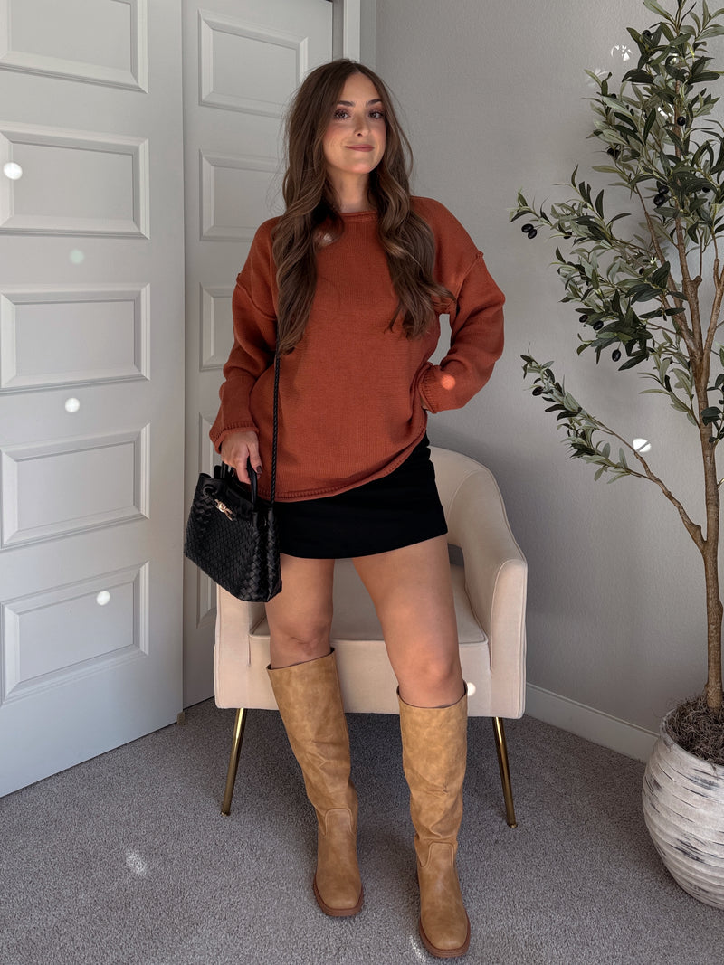 Pumpkin Spice Rolled-Neck Oversized  Sweater (Brick)