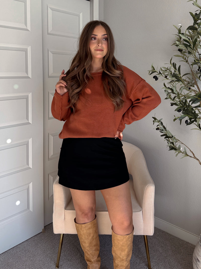 Pumpkin Spice Rolled-Neck Oversized  Sweater (Brick)