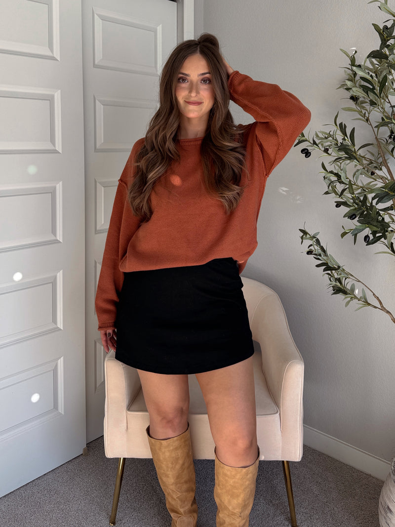 Pumpkin Spice Rolled-Neck Oversized  Sweater (Brick)