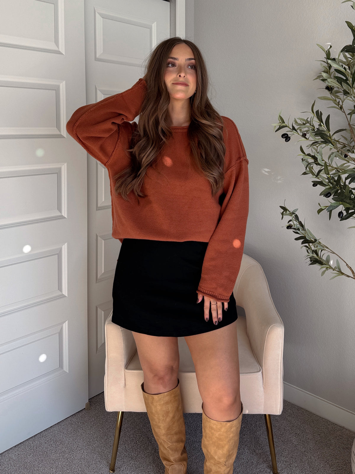 Pumpkin Spice Rolled-Neck Oversized  Sweater (Brick)