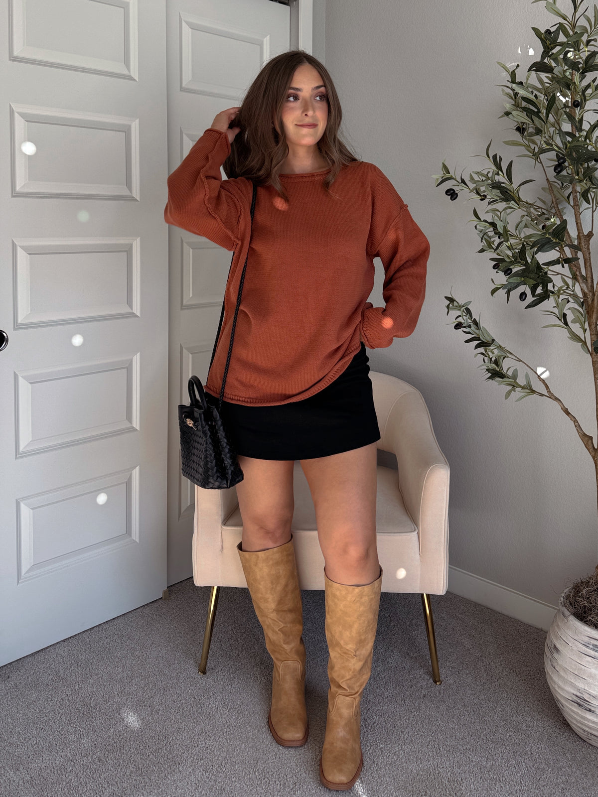 Pumpkin Spice Rolled-Neck Oversized  Sweater (Brick)