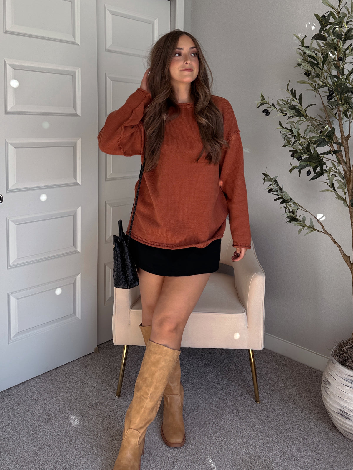 Pumpkin Spice Rolled-Neck Oversized  Sweater (Brick)