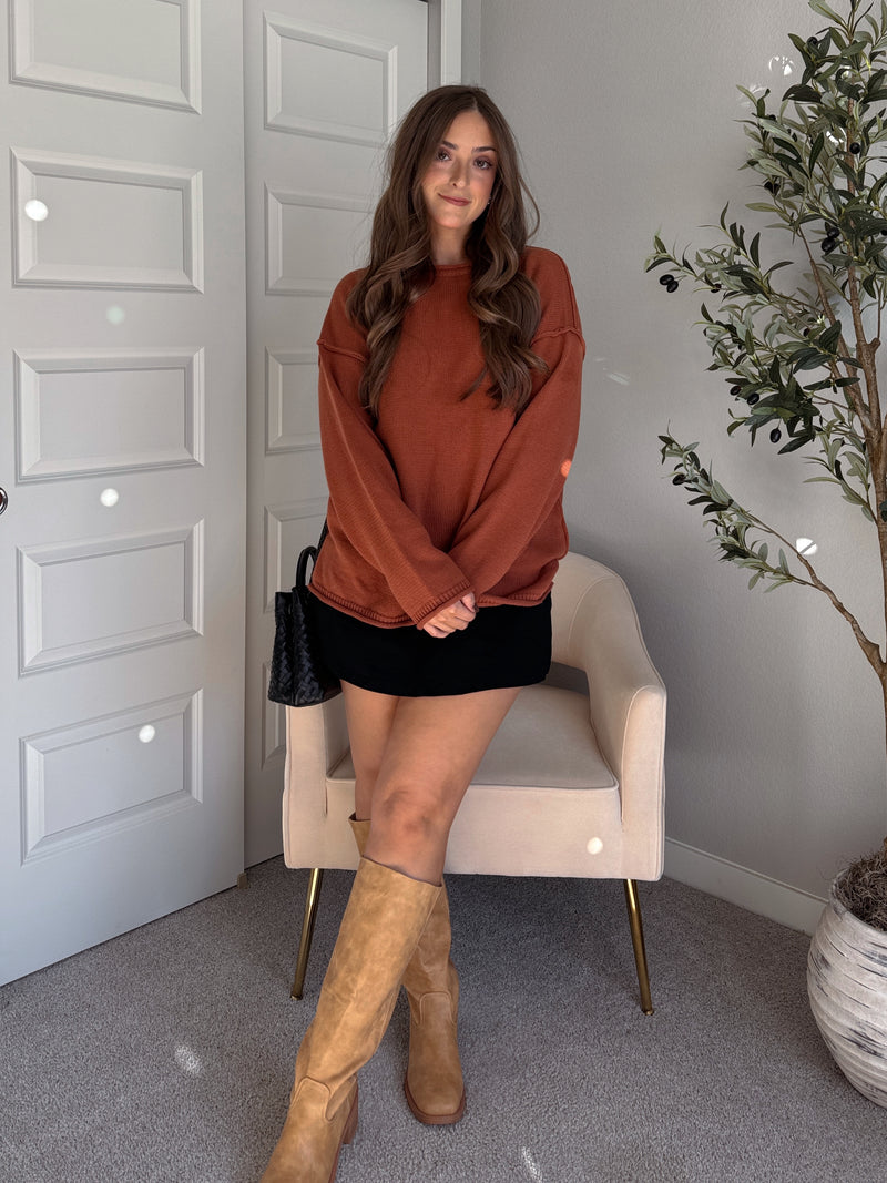 Pumpkin Spice Rolled-Neck Oversized  Sweater (Brick)