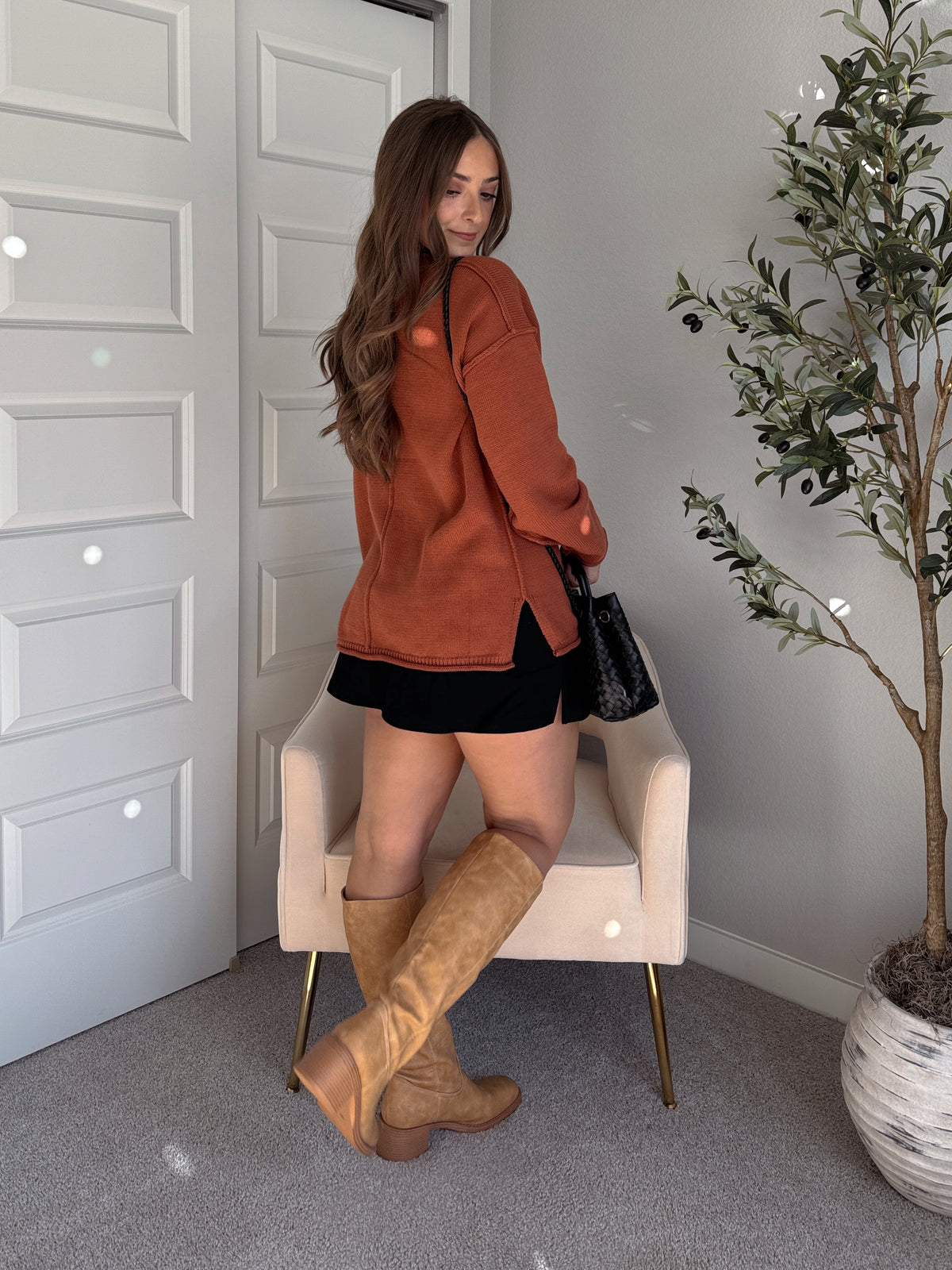 Pumpkin Spice Rolled-Neck Oversized  Sweater (Brick)