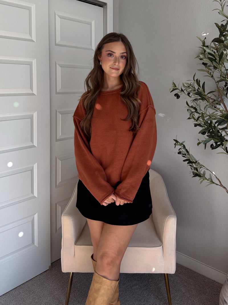 Pumpkin Spice Rolled-Neck Oversized  Sweater (Brick)
