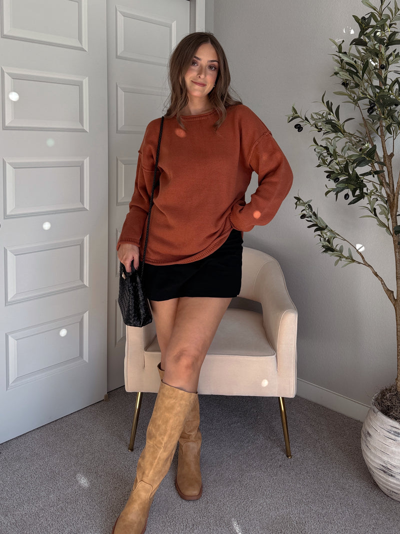 Pumpkin Spice Rolled-Neck Oversized  Sweater (Brick)