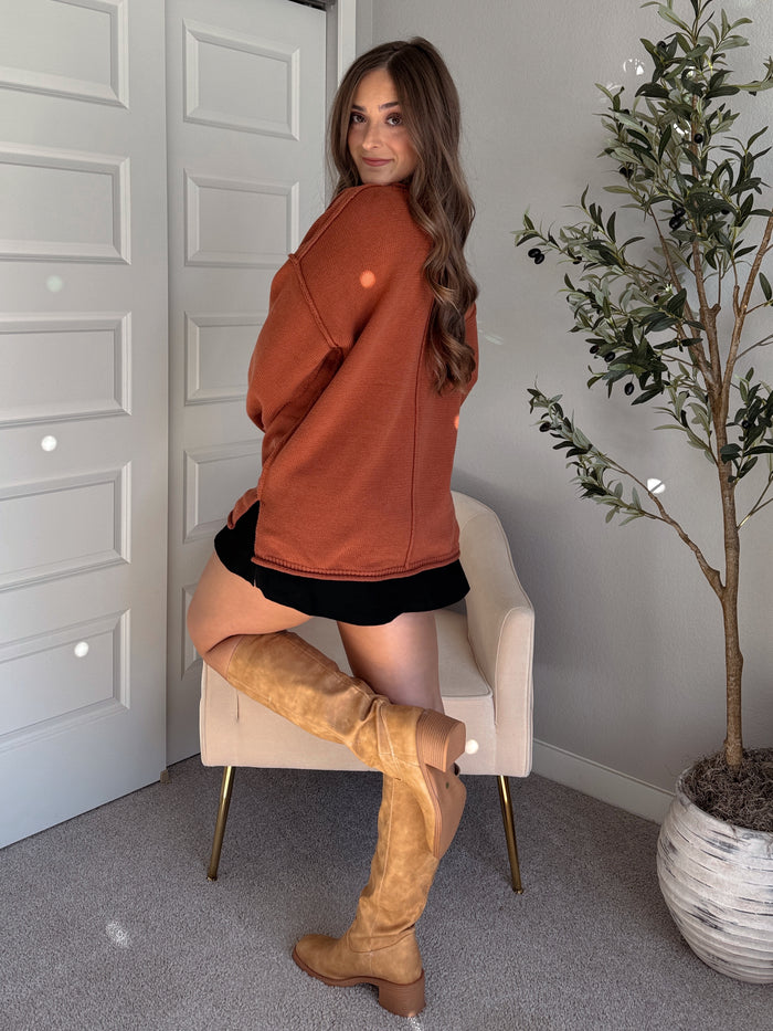 Pumpkin Spice Rolled-Neck Oversized  Sweater (Brick)