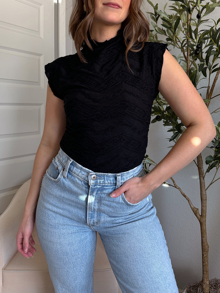 Quinn Mock Neck Ruched Top (Black)