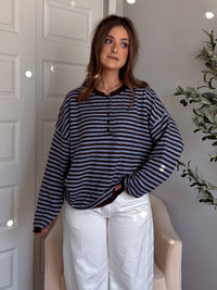 Rae Oversized Striped Henley Sweater (Blue/Chocolate Brown)