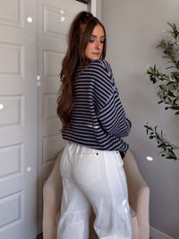 Rae Oversized Striped Henley Sweater (Blue/Chocolate Brown)
