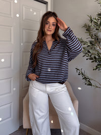 Rae Oversized Striped Henley Sweater (Blue/Chocolate Brown)