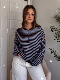 Rae Oversized Striped Henley Sweater (Blue/Chocolate Brown)