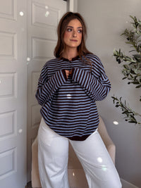 Rae Oversized Striped Henley Sweater (Blue/Chocolate Brown)