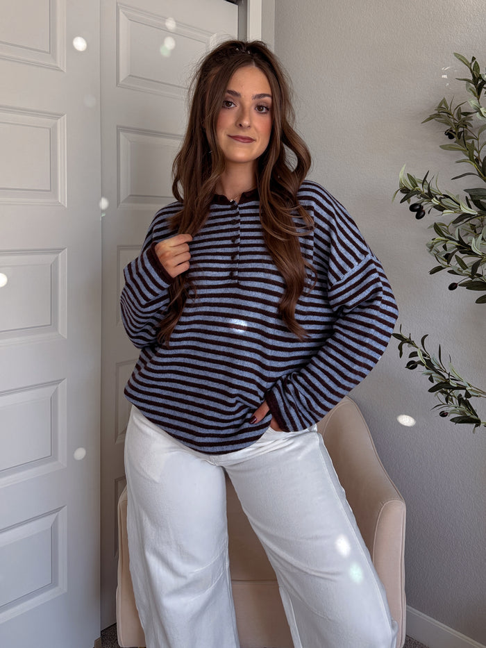 Rae Oversized Striped Henley Sweater (Blue/Chocolate Brown)