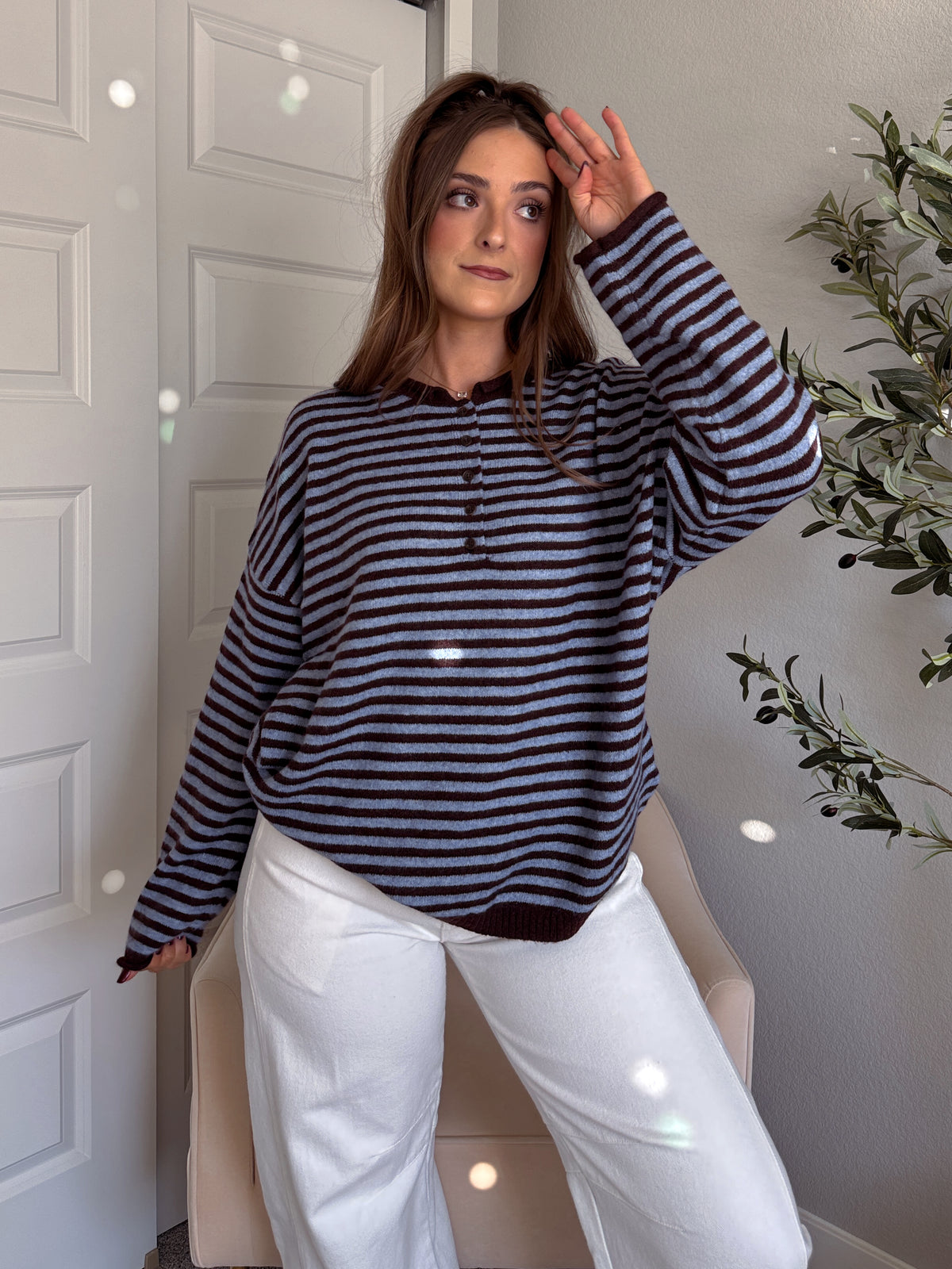 Rae Oversized Striped Henley Sweater (Blue/Chocolate Brown)