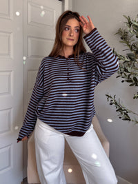 Rae Oversized Striped Henley Sweater (Blue/Chocolate Brown)